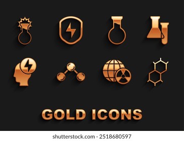 Set Molecule, Test tube and flask, Chemical formula, Planet earth radiation, Head electric symbol,  and Secure shield with lightning icon. Vector