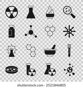 Conjunto de molécula, tubo de ensayo y matraz, bacterias, alcohol o alcohol quemador, radiactivo y fórmula química icono. Vector