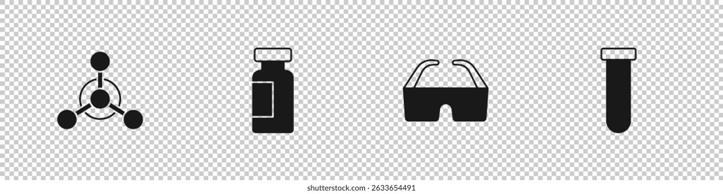 Set Molecule, Test tube and flask, Safety goggle glasses and  icon. Vector