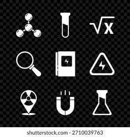 Conjunto de molécula, tubo de ensayo y matraz, raíz cuadrada de un glifo, radiactivo en la ubicación, imán, lupa e icono de panel eléctrico. Vector