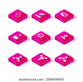 Set Molecule, Test tube, Microorganisms under magnifier, Ozone, Alcohol spirit burner, with toxic liquid and Microscope icon. Vector