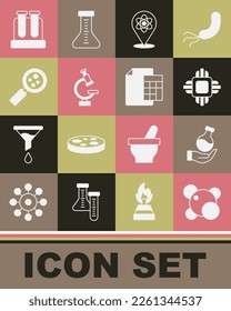 Set Molecule, Test tube, Processor CPU, Atom, Microscope, Microorganisms under magnifier,  and Calculator icon. Vector