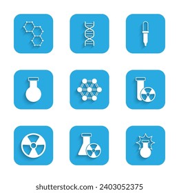 Set Molecule, Test tube radiation, Chemical explosion, Radioactive, and flask, Pipette and formula icon. Vector