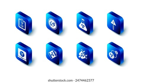 Set Molecule, Test tube radiation, High voltage sign, Radioactive exchange energy, Radiation electrical plug, Nuclear battery, laptop and warning document icon. Vector