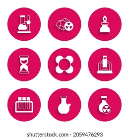 Set Molecule, Test tube, with toxic liquid, Microscope, Old hourglass, Alcohol or spirit burner and flask on stand icon. Vector