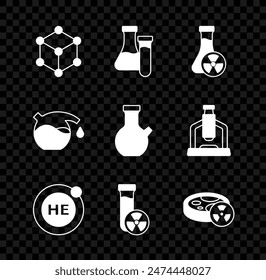 Molekül, Reagenzglas, mit toxischer Flüssigkeit, Helium und Ikone einstellen. Vektorgrafik