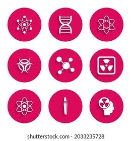 Set Molecule, Tweezers, Human head and a radiation, Radioactive, Atom, Biohazard symbol,  and  icon. Vector
