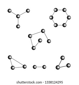 Set molecules. Abstract symbol science, medicine, chemistry, physics, cell, shape. Sign research biology, connect, biotechnology, microbiology, genetic. Design element atoms. Vector illustration.
