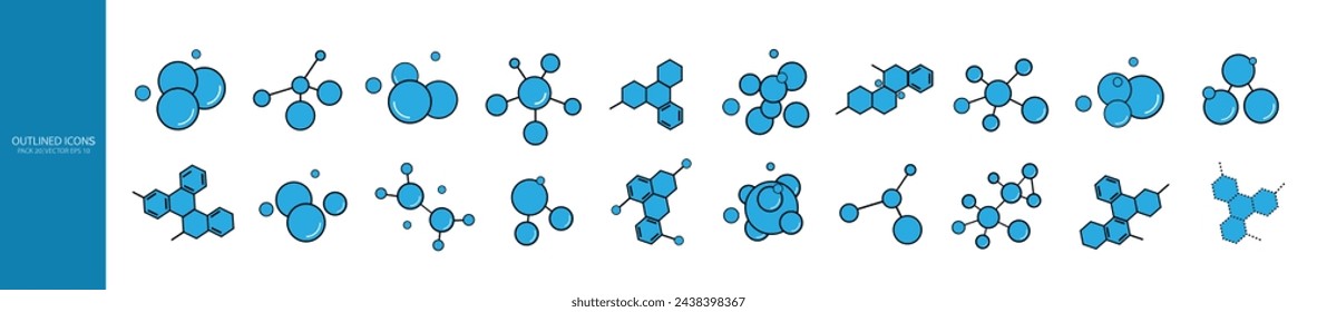 A set of molecules, chemical compounds and atoms in blue on a white background. Icons of molecules for scientific research in the fields of medicine, chemistry and biology. Vector illustration.