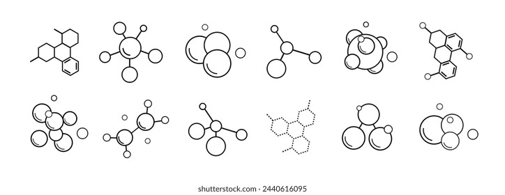 A set of molecules, chemical compounds and atoms on a white background. Icons of molecules for scientific research in the fields of medicine, chemistry and biology. Vector EPS 10.