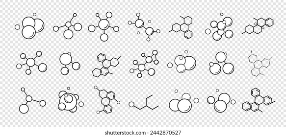 A set of molecules, chemical compounds and atoms on a transparent background. Icons of molecules for scientific research in the fields of medicine, chemistry and biology. Vector illustration.