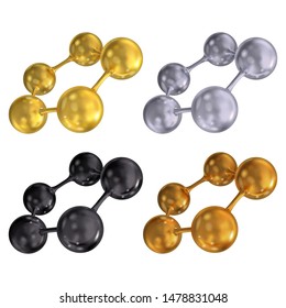 Set of molecules (gold, silver, copper, black colors). Pentagonal molecular lattice. Vector 3d illustration isolated on white background.