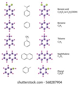 Set of molecules: Naphthalene, Benzoic acid, Benzene, Toluene, Phenyl