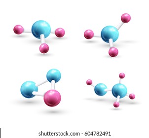 Set of molecules. structural chemical formula and model, 3d objects isolated on the white backgrpound. Vector Illustration, eps10, contains transparencies.