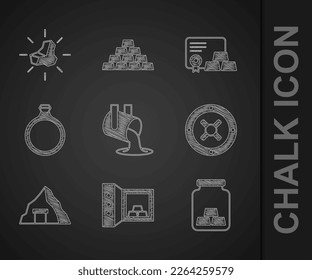 Set Molten gold being poured, Safe with bars, Gold, mine, ring, certificate and nugget icon. Vector