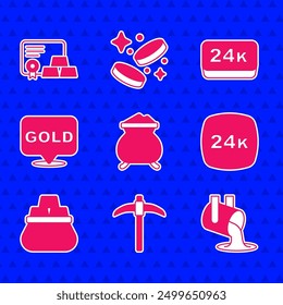 Set Geschmolzenes Gold, das gegossen wird, Pickaxe, Goldbarren 24k, Tasche von und mit Zertifikat-Symbol. Vektorgrafik