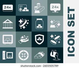 Set Molten gold being poured, Gold coin money, bars, with, ring, Bank building, 24k and  icon. Vector