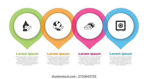 Conjunto de oro fundido que se vierte, barras de oro, pilas de papel moneda en efectivo y caja fuerte. Plantilla de infografía de negocios. Vector