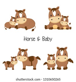 Set Of Mom And Baby Horse In Different Poses In Cartoon Style. 