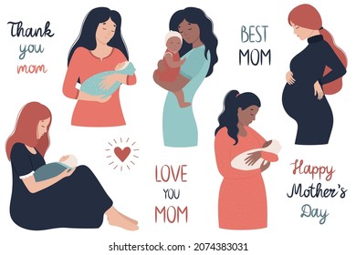 A set of mom and baby. Mother in different poses with a kid in her arms, a pregnant woman. The text is handwritten. Happy Mother's Day lettering. Vector illustration