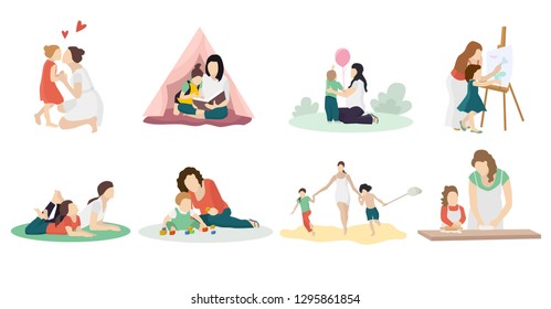 Set from mom and baby who are engaged in development and play together. Cartoon style flat illustration.