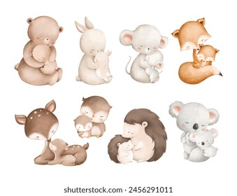 Set of Mom and Baby Wooden Animals