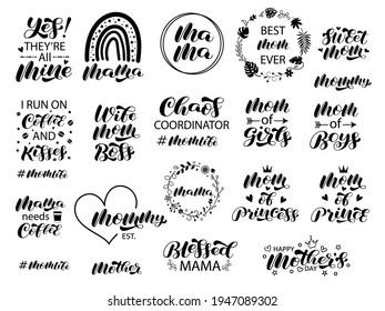 Set of mom brush lettering with rainbow, heart, wreaths. Happy mother's day. Vector stock illustration for poster