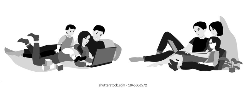 Set - mom, dad and baby are looking at the laptop screen. Family at home. Work, training and entertainment at home. Eps 10  vector illustration.