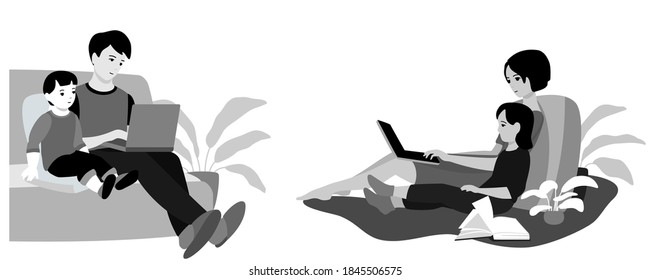 Set - mom, dad and baby are looking at the laptop screen. Family at home. Work, training and entertainment at home. Eps 10  vector illustration.