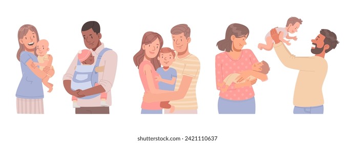 Set of mom and dad characters with baby. Happy young parents with newborn children. Vector illustration in flat style