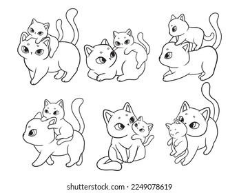 Set of mom and kitty. Collection of mother cat with a playful kitty cat baby. Fluffy family. Pet lovers. Vector illustration on white background.