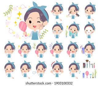 A set of mom on beauty.There are various actions such as skin care and makeup.It's vector art so it's easy to edit.