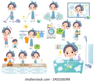 A set of mom related to housekeeping such as cleaning and laundry.There are various actions such as cooking and child rearing.It's vector art so it's easy to edit.