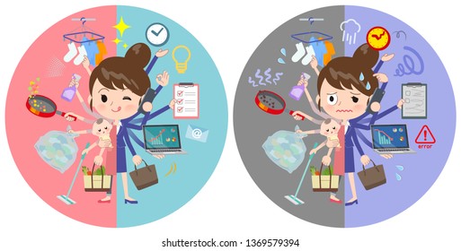 A set of mom who perform multitasking in offices and private.There are things to do smoothly and a pattern that is in a panic.It's vector art so it's easy to edit.
