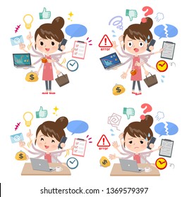 A set of mom who perform multitasking in the office.There are things to do smoothly and a pattern that is in a panic.It's vector art so it's easy to edit.
