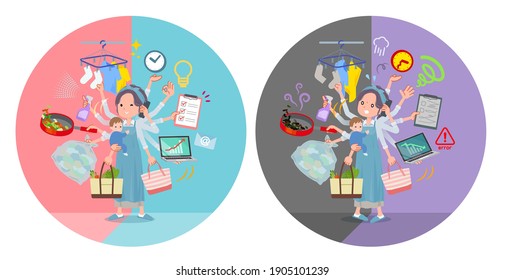 A set of mom who perform multitasking in offices and private.There are things to do smoothly and a pattern that is in a panic.It's vector art so it's easy to edit.