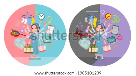 A set of mom who perform multitasking in offices and private.There are things to do smoothly and a pattern that is in a panic.It's vector art so it's easy to edit.