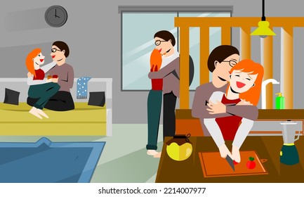 Set of moment romantic couple  characters hug and cuddle vector illustration design. Lovers concept with home room background. 