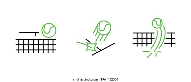 The set of moments when the tennis ball hits the ground and passes through the net. This icon is the symbol icons of the tennis match. Sports competition icon set. Editable Stroke. Logo, web and app.