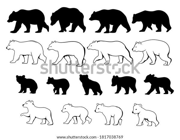 Set of moms and baby bears. Collection of\
silhouette mother with cute animals bears. Black and white\
illustration for the zoo.\
Tattoos.
