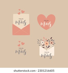 A set of mom's day  greetings cute designs  in Portuguese. Feliz dia das maes. Dia das Mães 