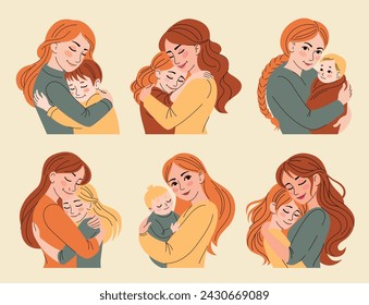 Set of Moms hugs her daughter and sons.Mother's day card.Family, parents,love.Flat isolated vector illustration