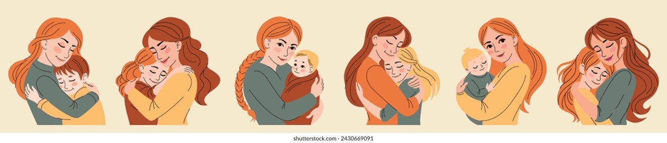Set of Moms hugs her daughter and sons.Mother's day card.Family, parents,love.Flat isolated vector illustration