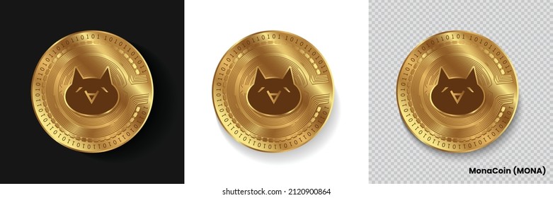 Juego de Mona Coin (MONA) cripto símbolo vector del logotipo de la moneda aislado en fondo blanco, oscuro y transparente. Puede utilizarse como pegatina de moneda dorada, icono, etiqueta, placa, diseño de impresión y emblema