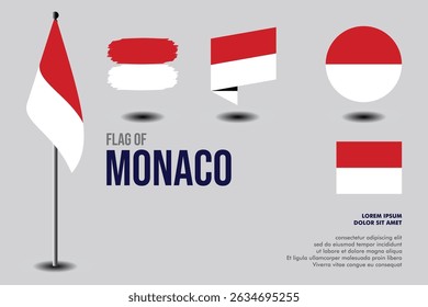 Conjunto de bandera de Mónaco en 5 diseños: bandera en poste, trazo de pincel, sesgo, redondo y estándar. Vector, plano, aislado sobre fondo gris. Perfecto para varios proyectos de diseño