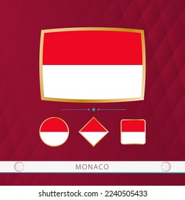 Set of Monaco flags with gold frame for use at sporting events on a burgundy abstract background. Vector collection of flags.
