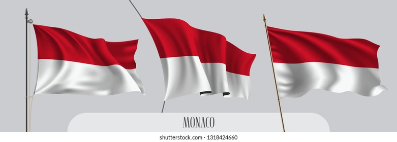 Set of Monaco waving flag on isolated background vector illustration. 3 wavy realistic flag as a patriotic symbol 
