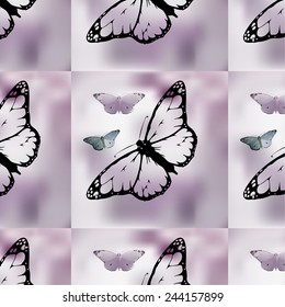 set Monarch Butterfly with open wings  top view seamless pattern