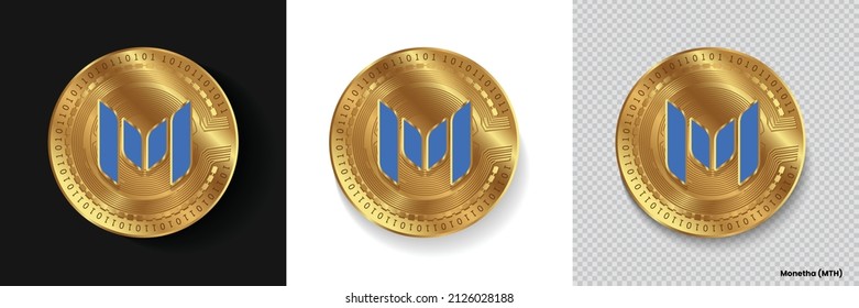 Set of Monetha MTH crypto currency logo symbol vector isolated on white, dark and transparent background. Can be used as golden coin sticker, icon, label, badge, print design and emblem