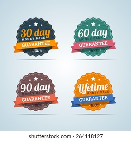 Set of money back badges in flat style. 30, 60, 90 days and Lifetime guarantee. Vector illustration.